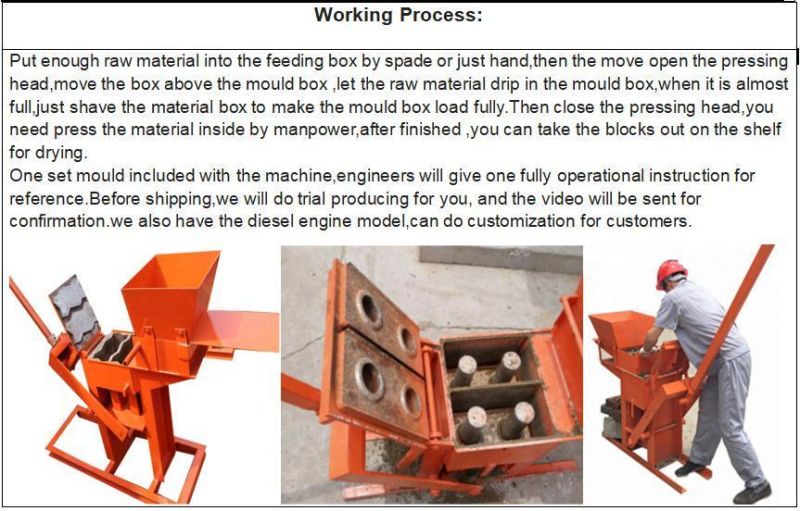 Qtc2-40 Hand Press Small Simple Domestic Non-Electric Unfire Hollow Paving Interlocking Fly Ash Cement Mud Laterite Earth Soil Clay Block Brick Making Machine